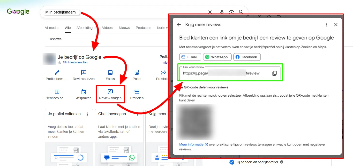 In je Google-bedrijfsprofiel klik je op “Review vragen”; onder “Link voor review” staat de link die je nodig hebt, met daaronder de QR-code