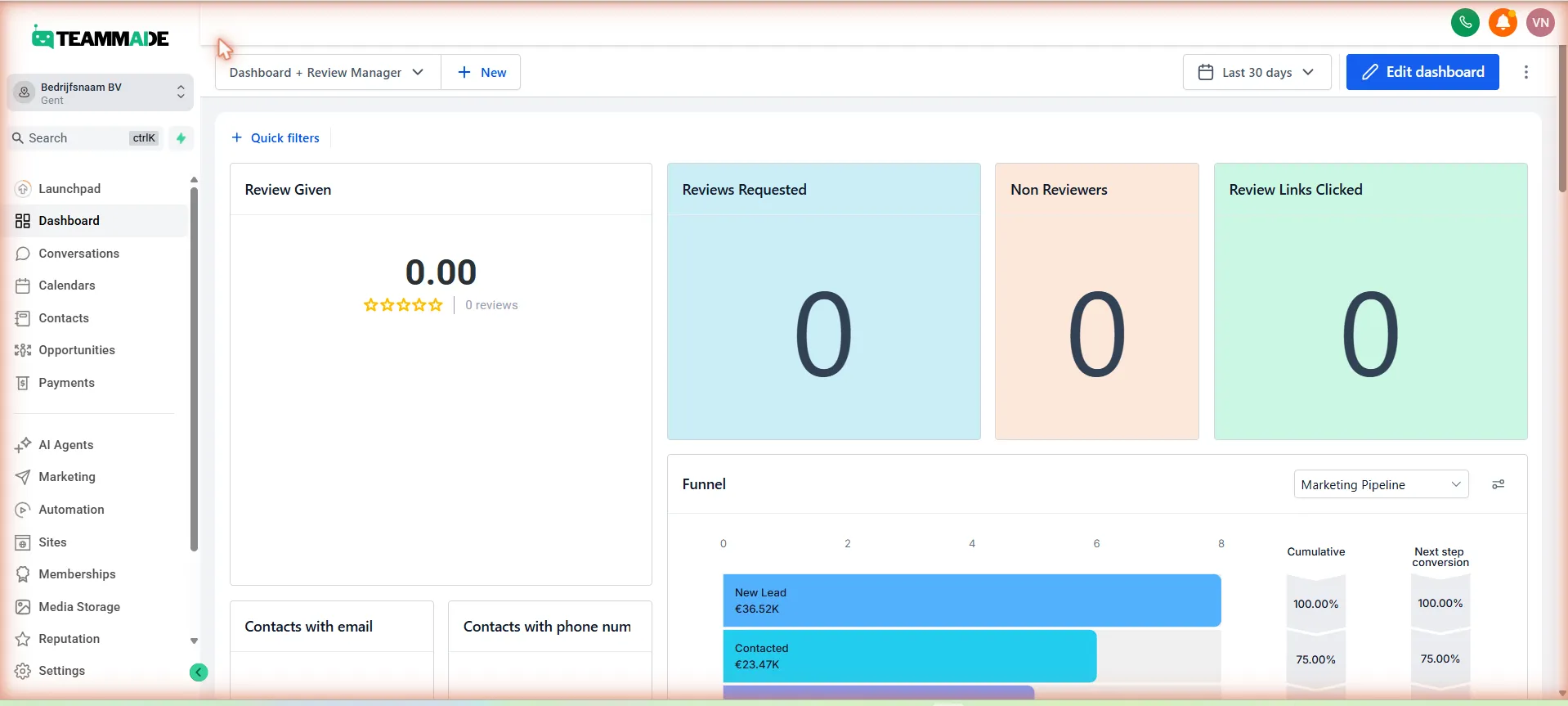 Het dashboard van het Teammade-platform