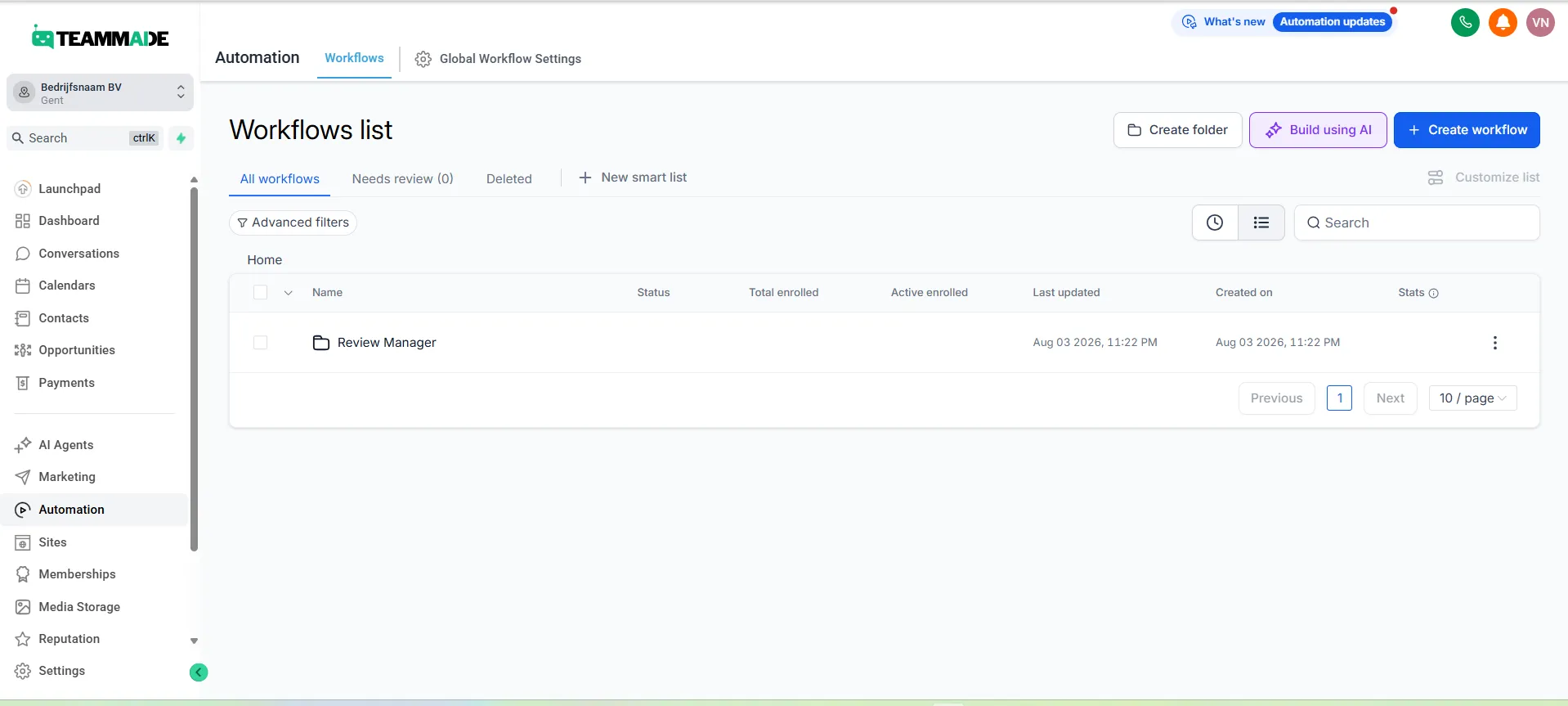 De Workflows-lijst onder Automation