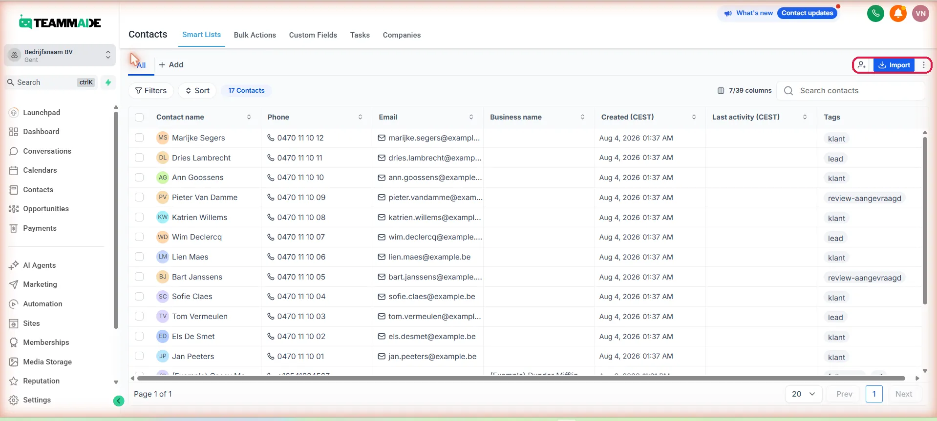 De contactenlijst (Contacts) in het platform, met de Import-knop rechtsboven omkaderd