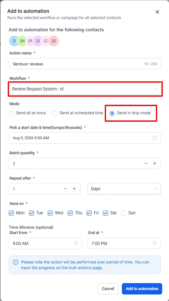 Het venster “Add to automation” met Mode op “Send in drip mode”