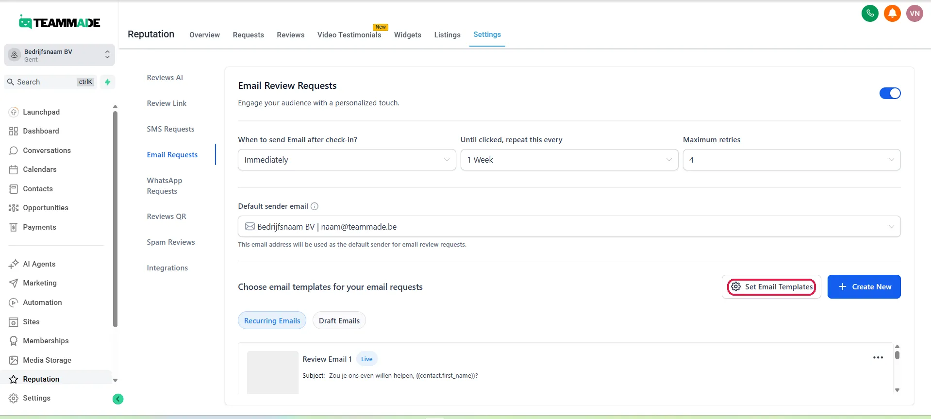 De e-mailtemplates voor reviewverzoeken (Reputation → Settings → Email Requests), met de knop “Set Email Templates” omkaderd