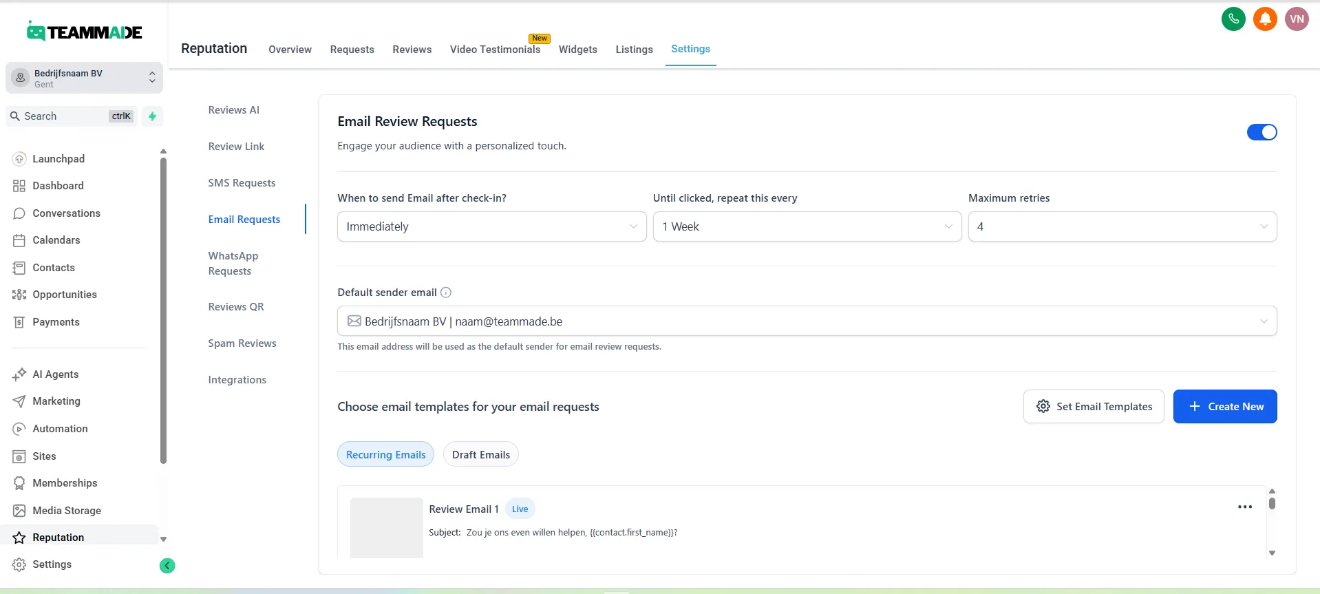 De e-mailtemplates voor reviewverzoeken (Reputation → Settings → Email Requests)
