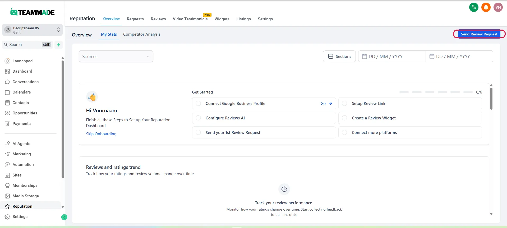 Het Reputation-overzicht in het platform, met de knop “Send Review Request” rechtsboven omkaderd