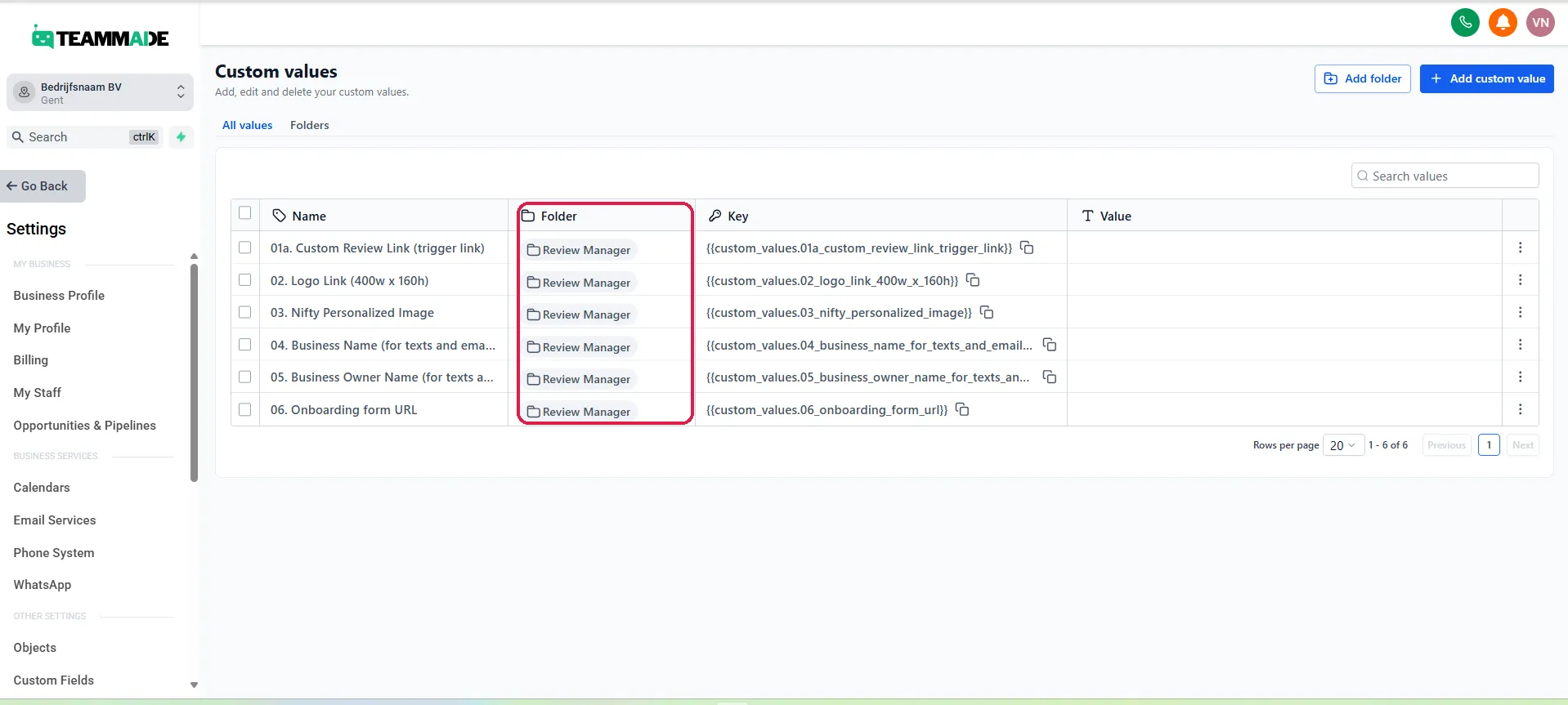 Custom Values met de Review Manager-map, met de Folder-kolom omkaderd